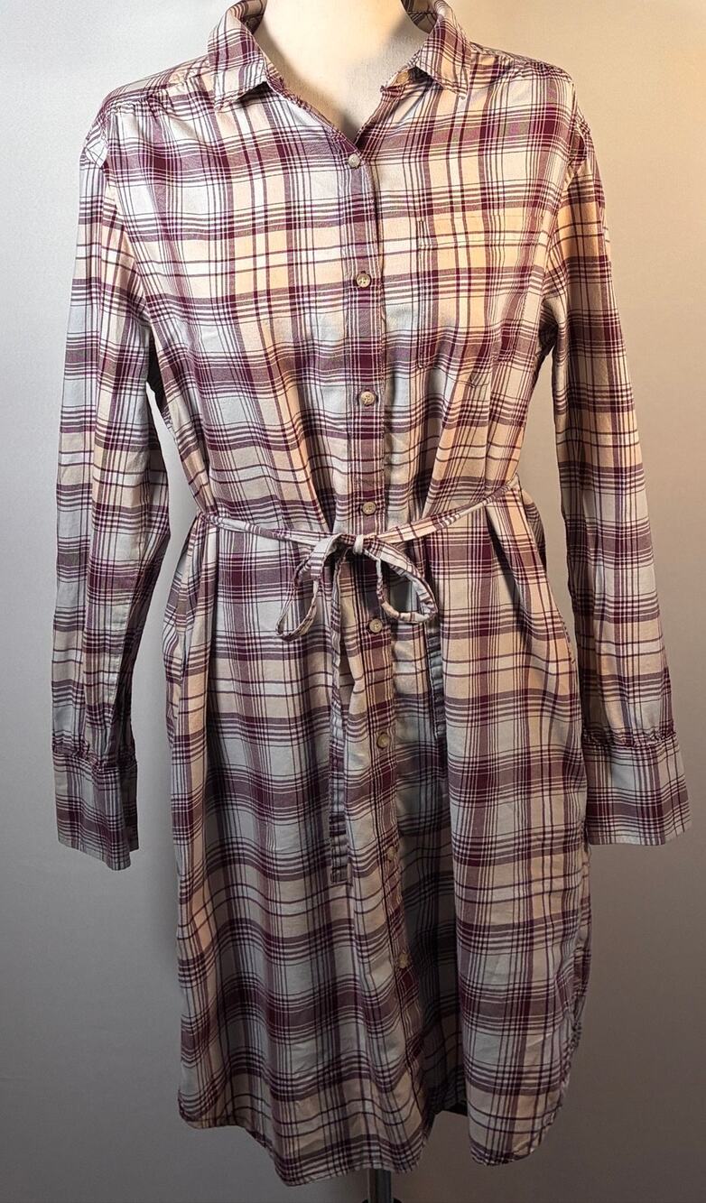 Pendleton Plaid Belted Shirt Dress Cream Burgundy Women's M